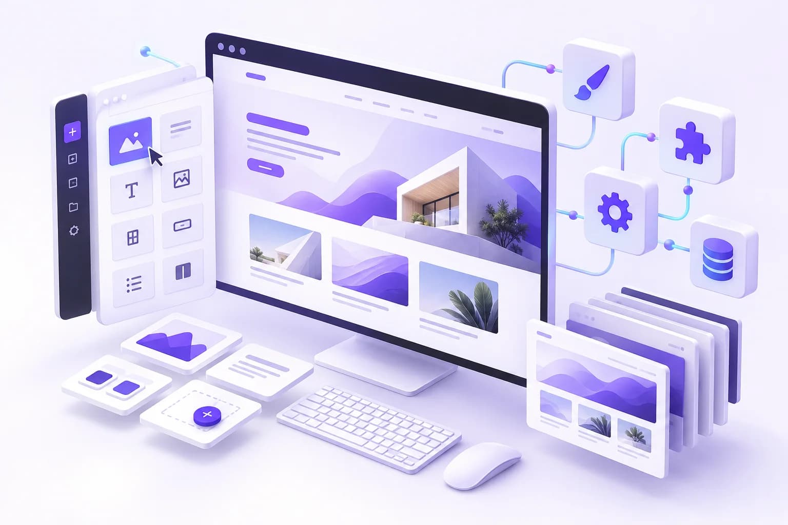Ilustración conceptual de desarrollo WordPress con editor visual, componentes reutilizables y sistemas de negocio conectados.