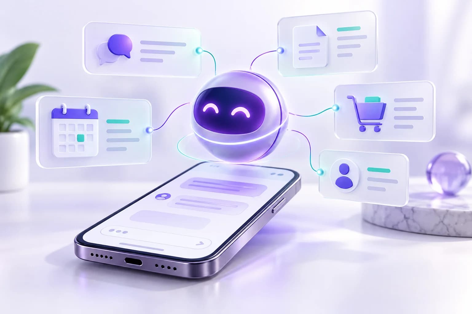 Asistente empresarial de IA con un teléfono, cotización, calendario, carrito y fichas CRM en una ilustración conceptual.