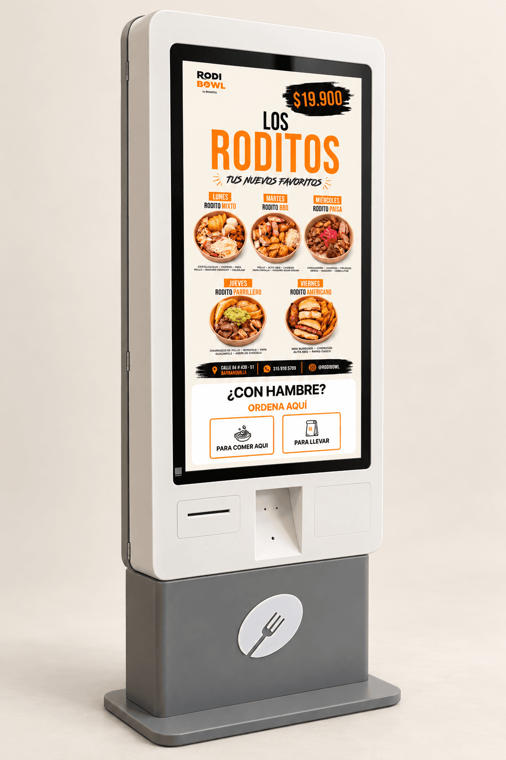 Visualization of the white RodiBowl kiosk displaying the Los Roditos interface and dine-in or takeaway options.